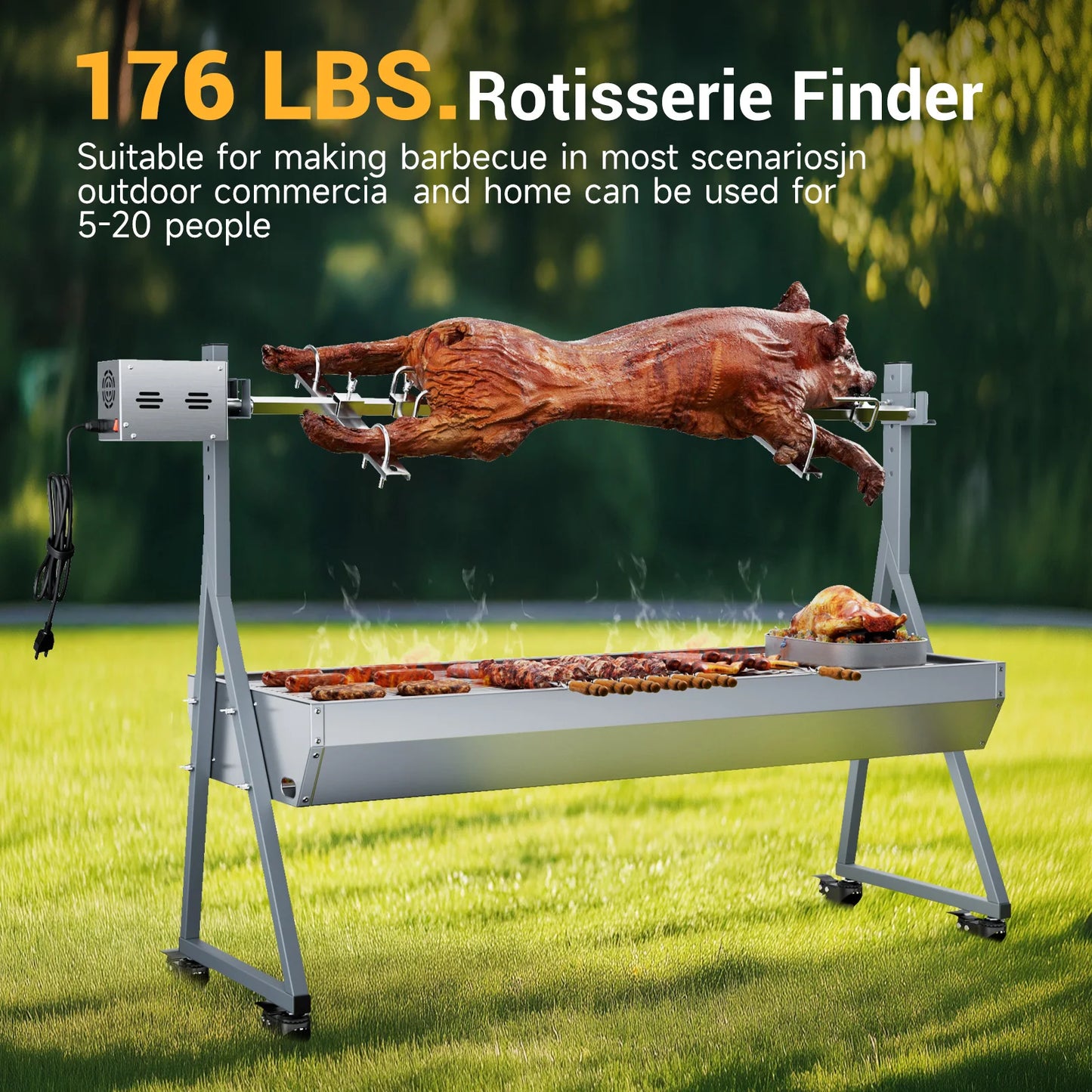 Camping Rotisserie Grill 176LBS Capacity 25W Motor Small BBQ Charcoal Roaster 51'' 2 in 1 Pig Lamb Cooking Tool