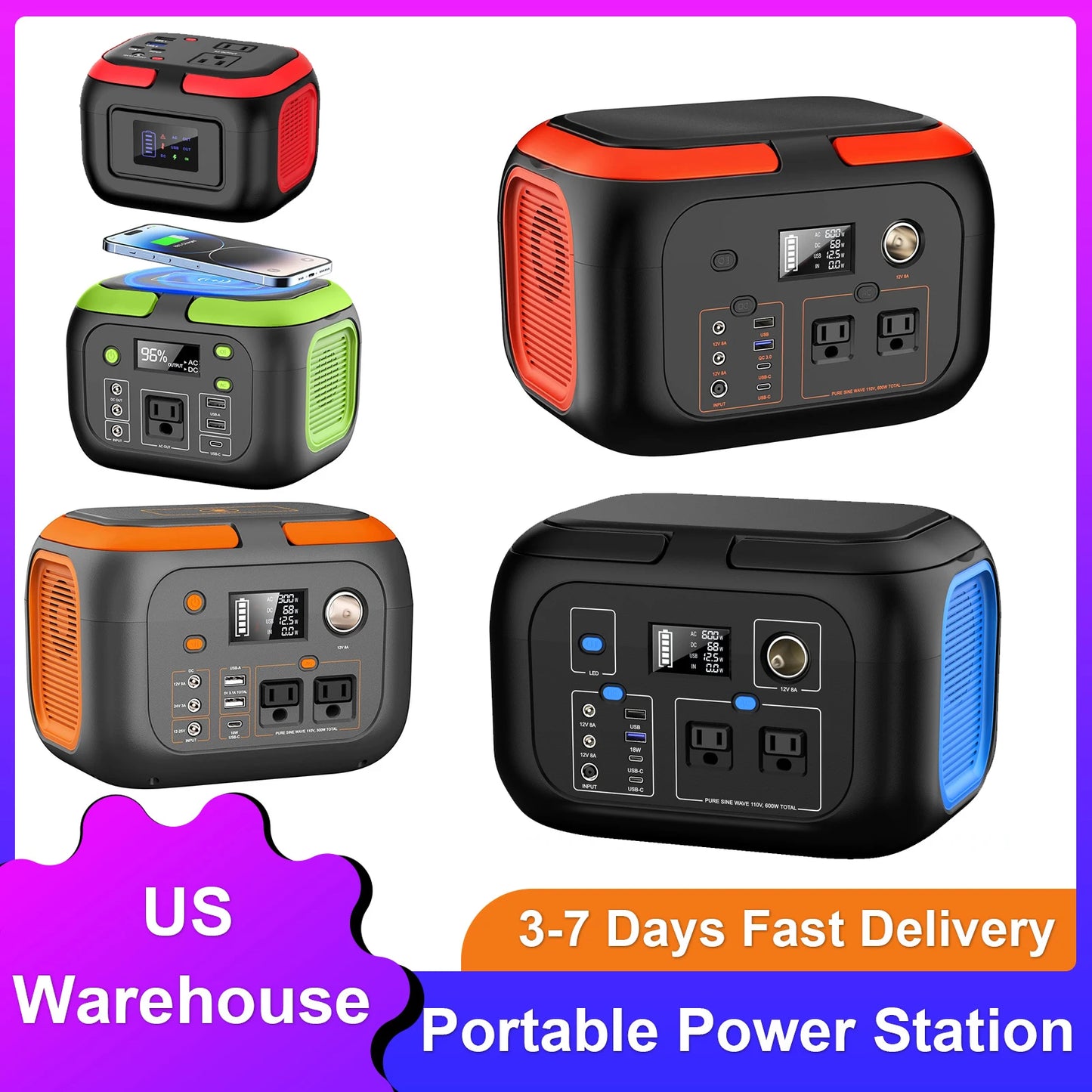 600W/300W/200W/120W Portable Power Station,110V AC Outlets Solar Generator Storage Energy Power Bank For Camping Travel RV Home